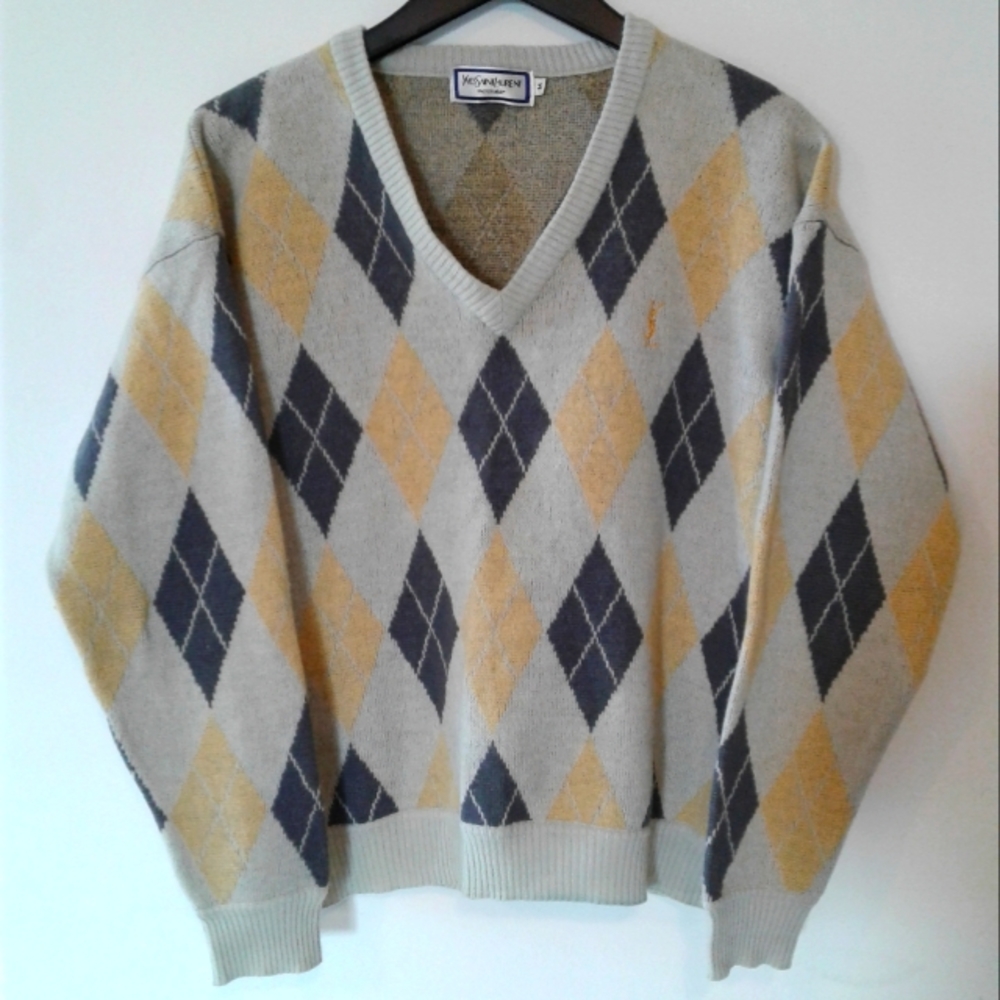 Yves Saint Laurent Argyle Sweater YSL Pullover merino wool jumper V neck men's M - Picture 1 of 7